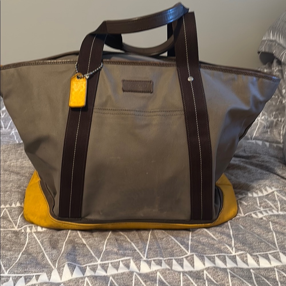 Stylish Gray and Yellow Coach Weekender Bag